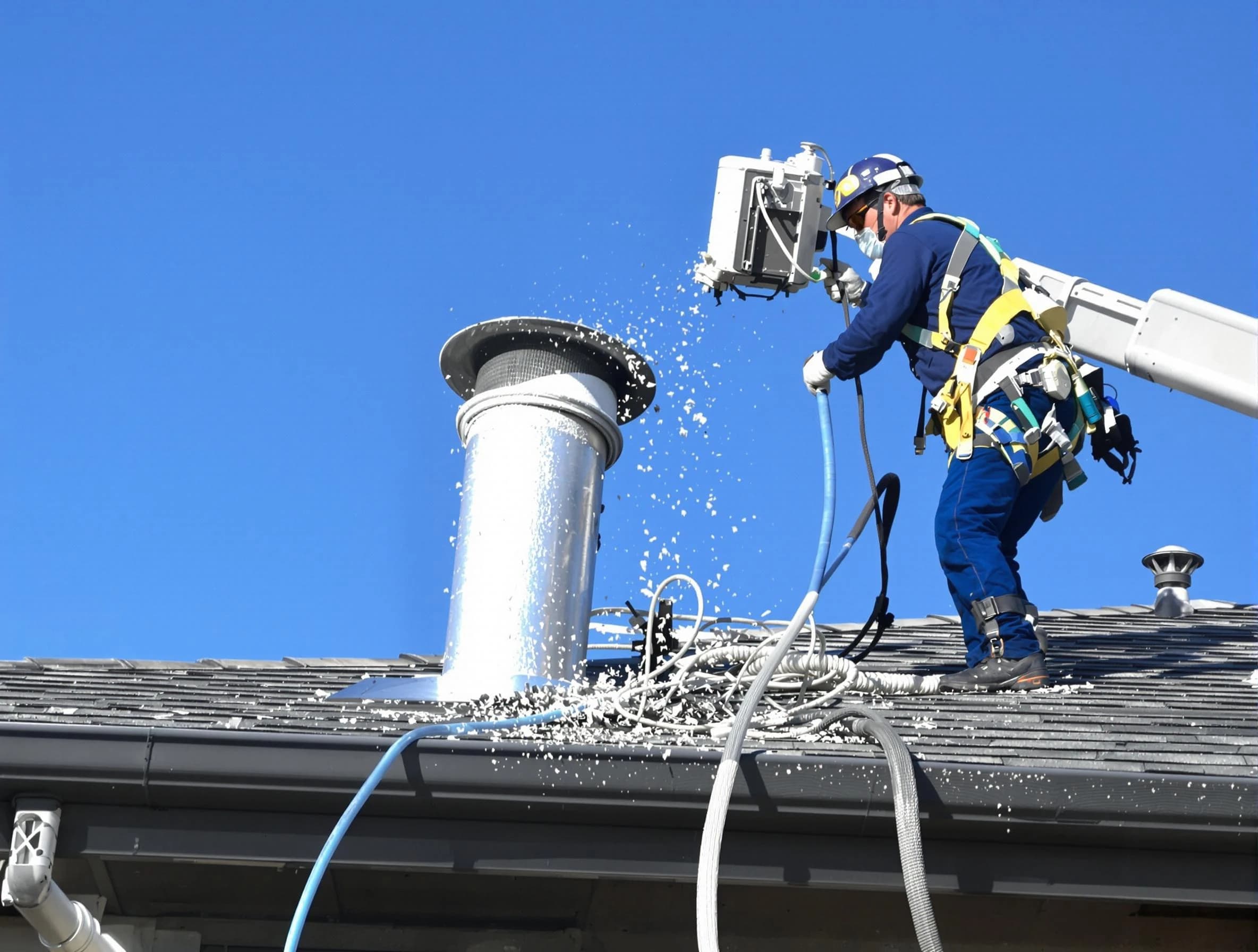 West Point Dryer Vent Cleaning certified technician safely cleaning a roof-mounted dryer vent in West Point