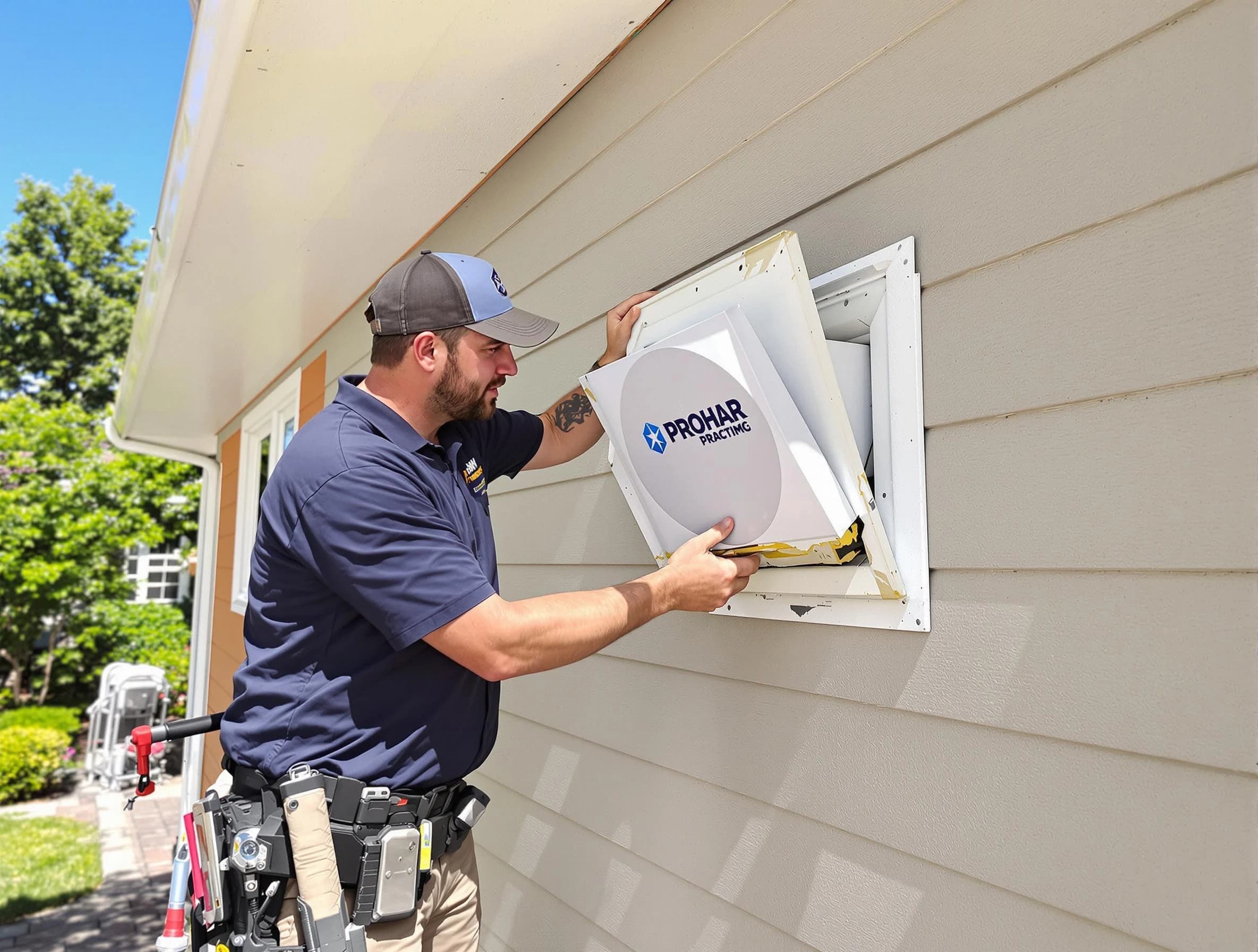 West Point Dryer Vent Cleaning technician installing a new protective dryer vent cover on a home in West Point